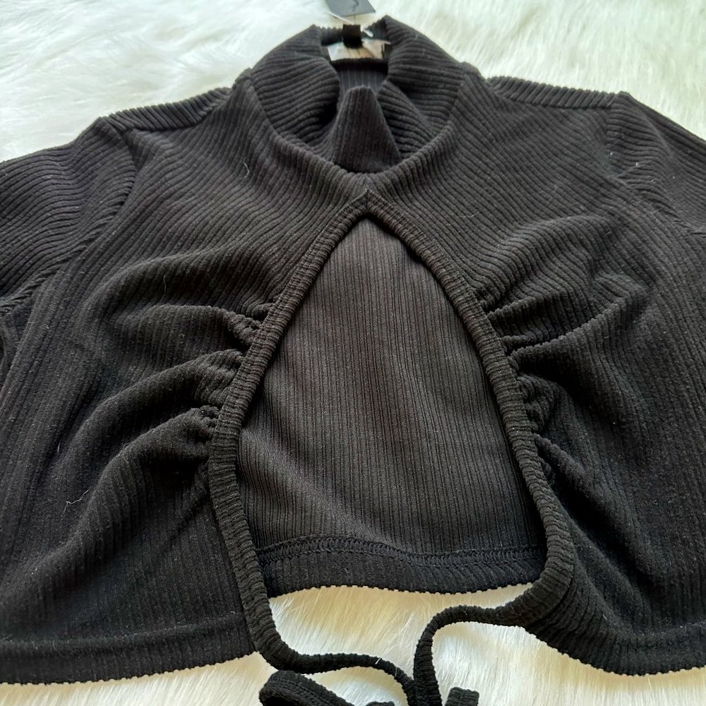 Lulus Shrug Topper Cropped Black Ribbed Turtleneck Open Tie Front SMALL NWT
